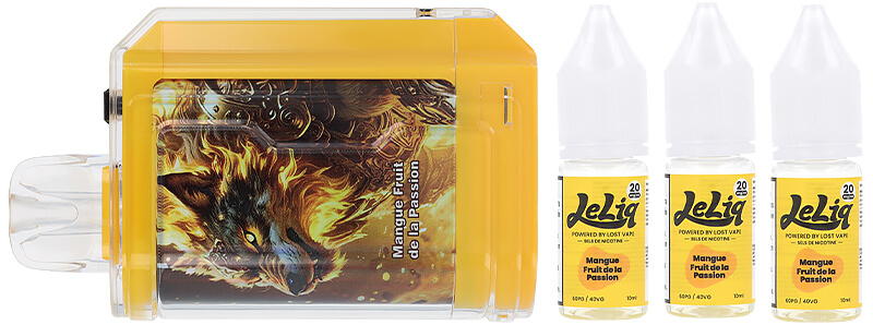 Le contenu de la boîte de la puff rechargeable Le Bar 45K Mangue Fruit de la Passion de chez Lost Vape